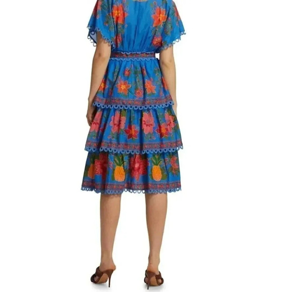 NWT Farm Rio Tropical Tapestry Blue Lace Layered Midi Summer Dress Size XS - Picture 7 of 11
